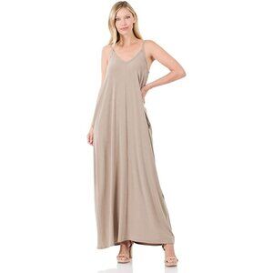 Zenana V-Neck CAMI Maxi Dress with Side Pockets and Adjustable Straps-Ash Mocha
